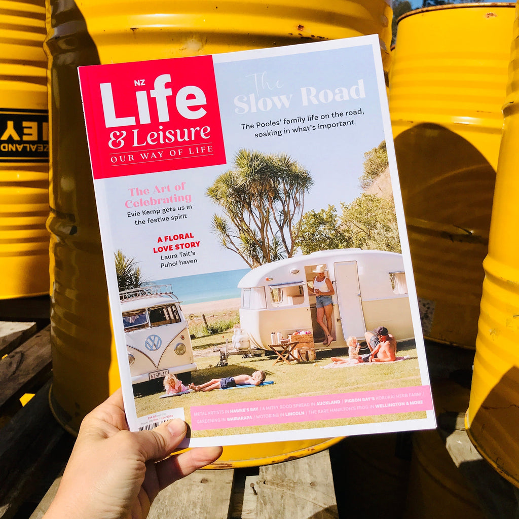 NZ life and lesiure magazine featuring Metal Metcalfe against yellow NZ honey drums outside their metal workshop in Havelock North, Hawke's Bay