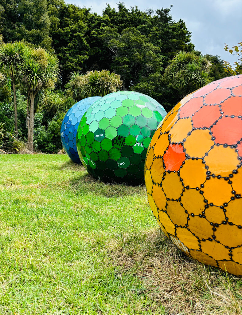 three spheres made from repurposed 44-gallon drums by artists Metal Metcalfe